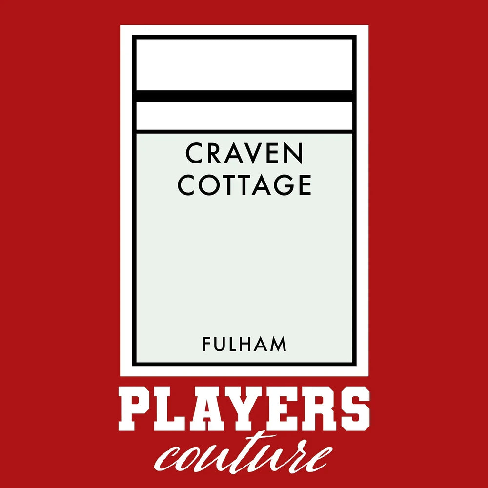 Fulham Monopoly Card t-shirt – red men's t-shirt with white Fulham Monopoly Card letters and Players Couture logo on the