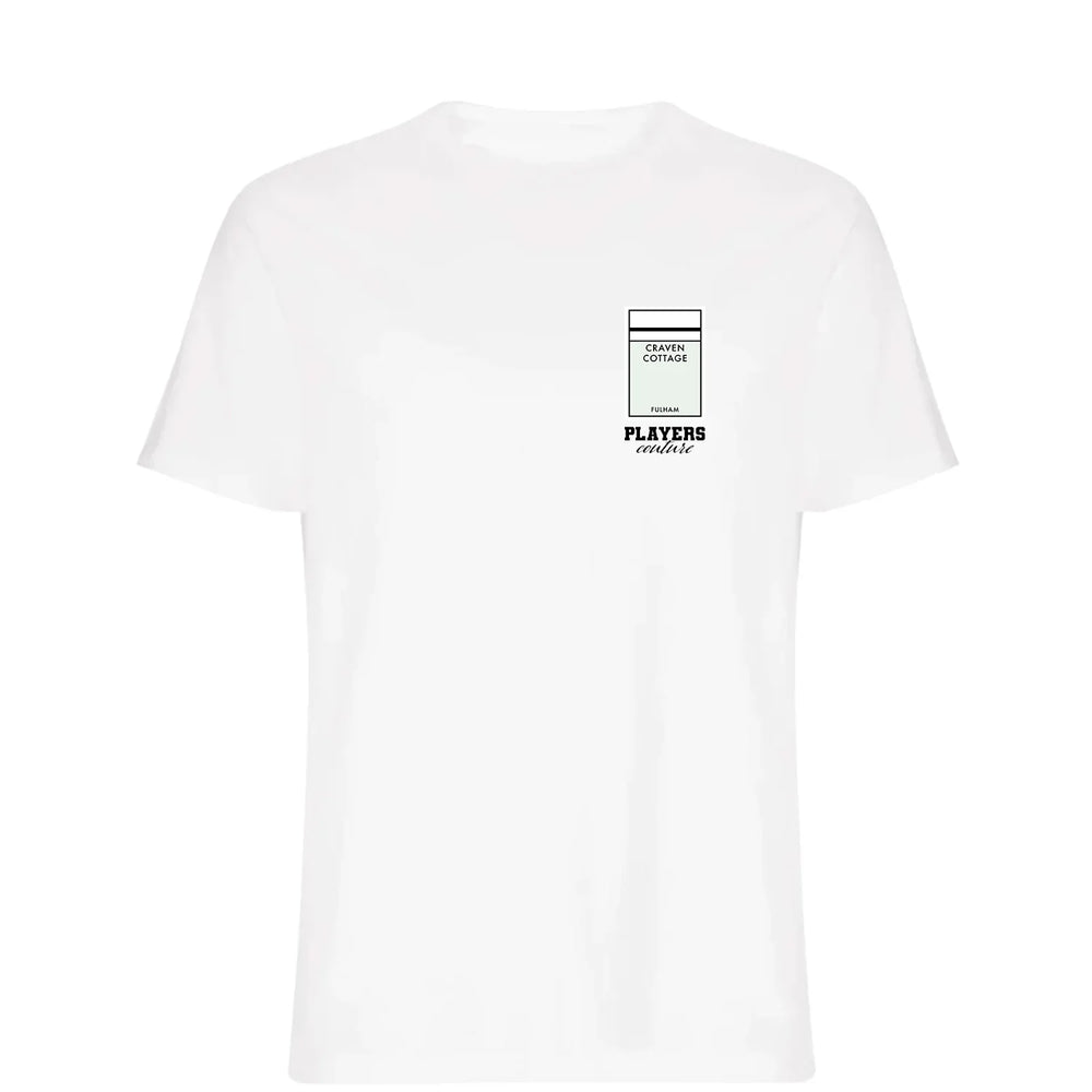 Fulham Monopoly Card t-shirt – navy men's t-shirt with white Fulham Monopoly Card letters and Players Couture logo on the