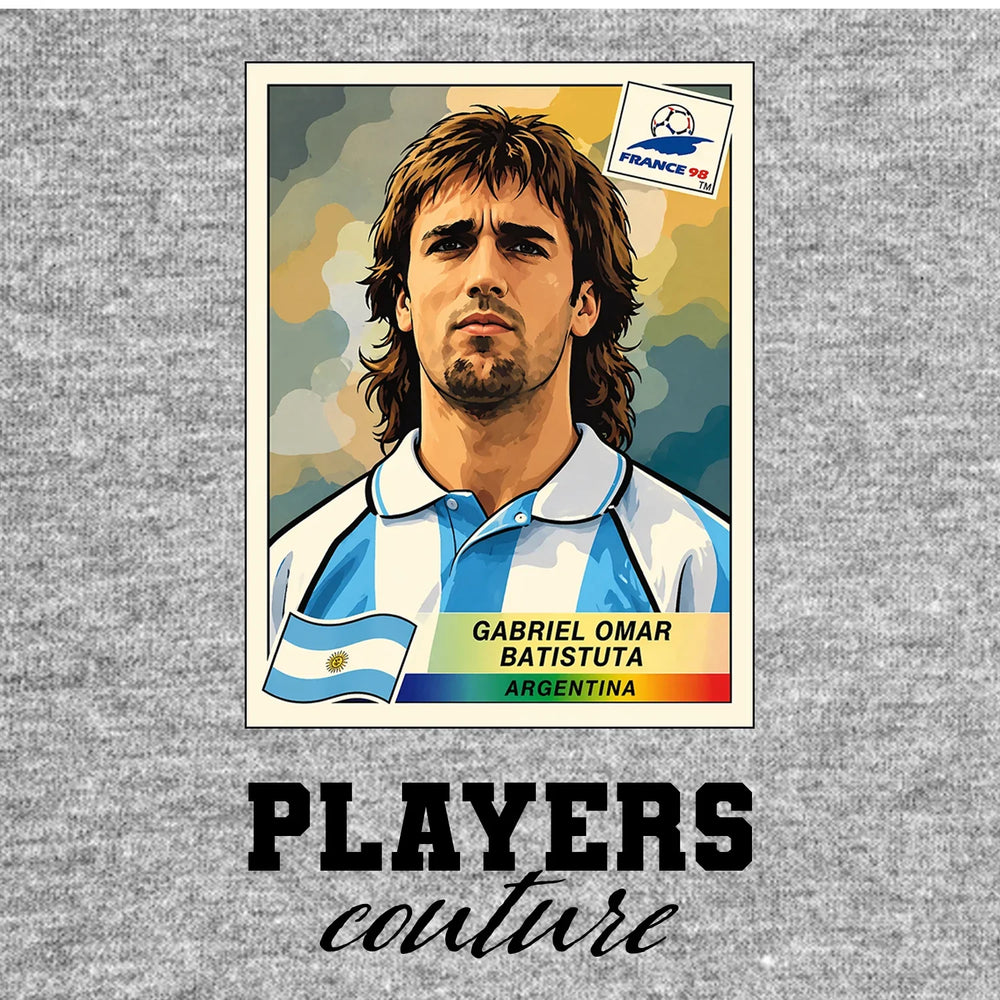 Gabriel Batistuta World Cup Sticker Men's T-Shirt – grey close-up detail shot of the Gabriel Batistuta World Cup Players