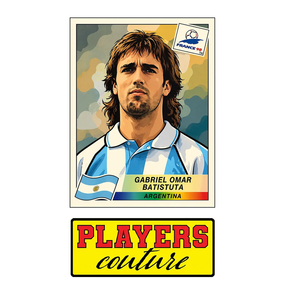 Gabriel Batistuta World Cup Sticker Men's T-Shirt – close-up detail shot of the Gabriel Batistuta World Cup Players Couture