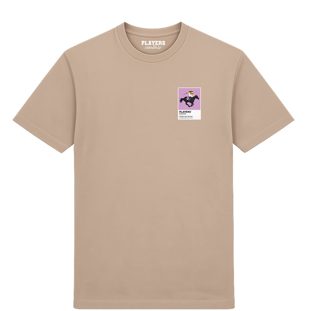 Galopin Des Champs horse racing T-shirt – mens desert sand tshirt view