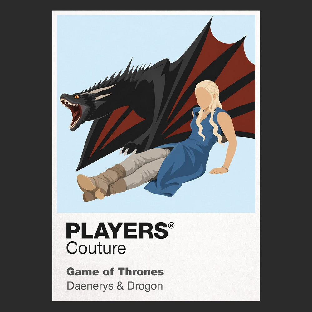 Daenerys Targaryen Daenerys with braided silver hair standing before three dragons Icon Frame artwork in black