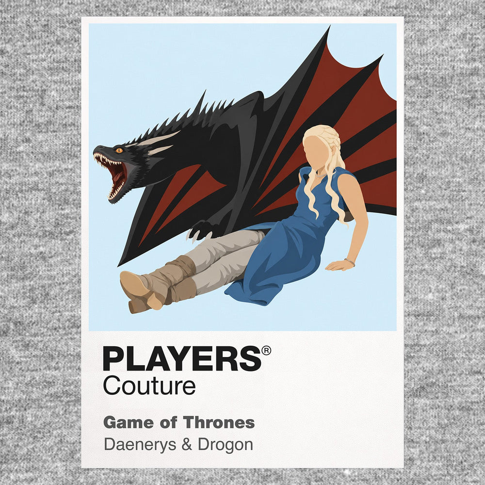 Daenerys Targaryen Daenerys with braided silver hair standing before three dragons Icon Frame artwork in grey