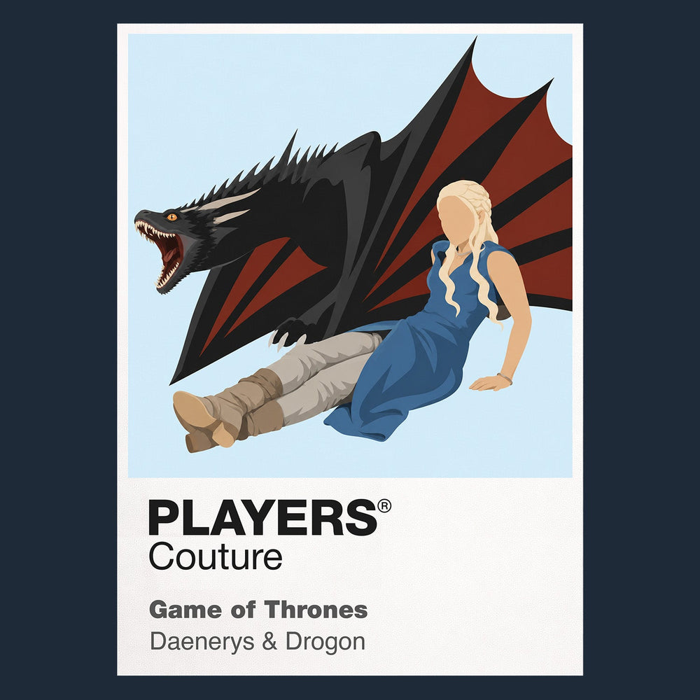 Daenerys Targaryen Daenerys with braided silver hair standing before three dragons Icon Frame artwork in navy
