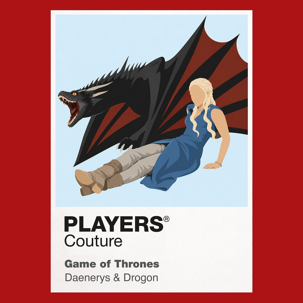 Daenerys Targaryen Daenerys with braided silver hair standing before three dragons Icon Frame artwork in red