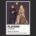 The Lannisters Cersei, Jaime and Tyrion Lannister beneath the lion banner of Casterly Rock Icon Frame artwork in black