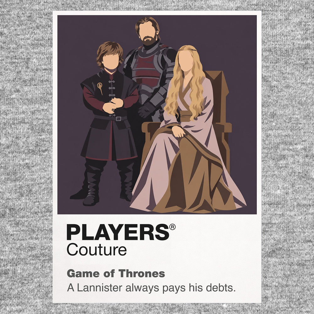 The Lannisters Cersei, Jaime and Tyrion Lannister beneath the lion banner of Casterly Rock Icon Frame artwork in grey