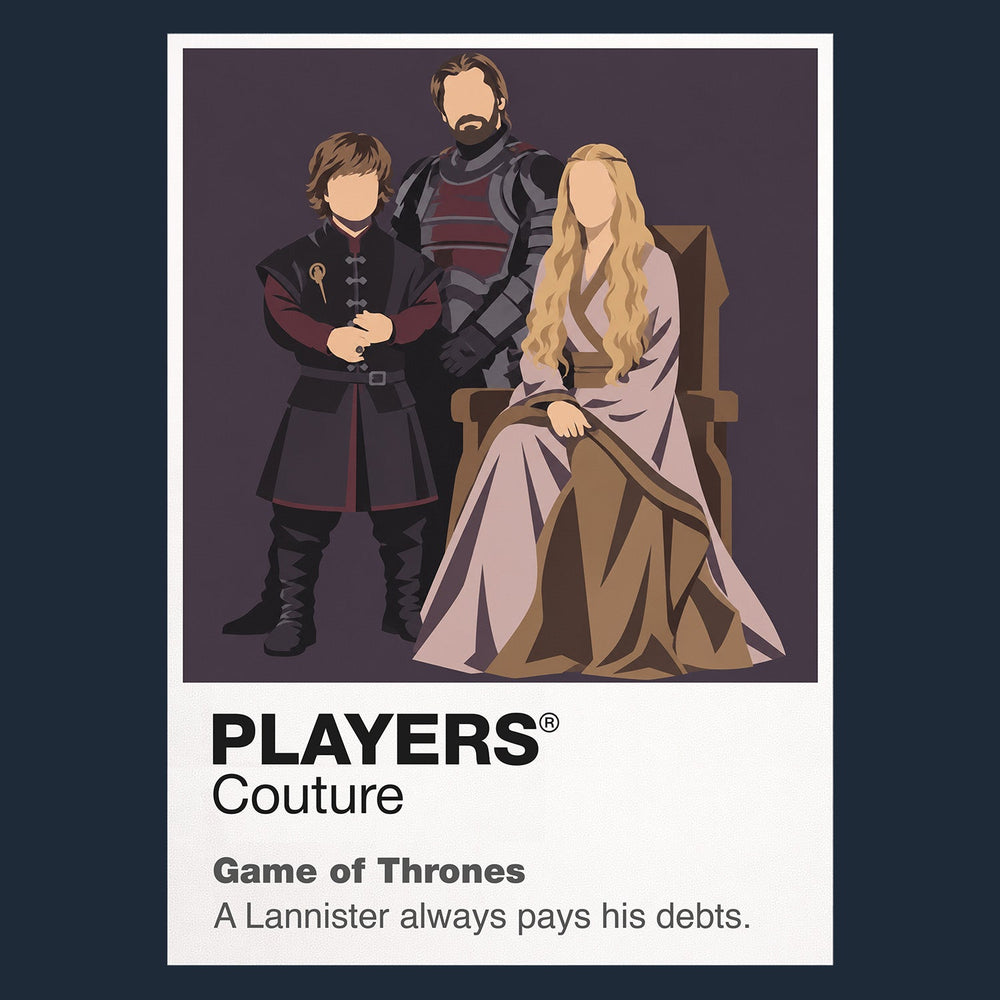 The Lannisters Cersei, Jaime and Tyrion Lannister beneath the lion banner of Casterly Rock Icon Frame artwork in navy