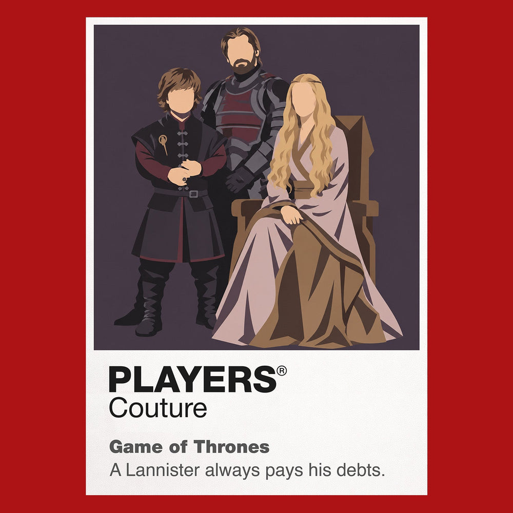 The Lannisters Cersei, Jaime and Tyrion Lannister beneath the lion banner of Casterly Rock Icon Frame artwork in red