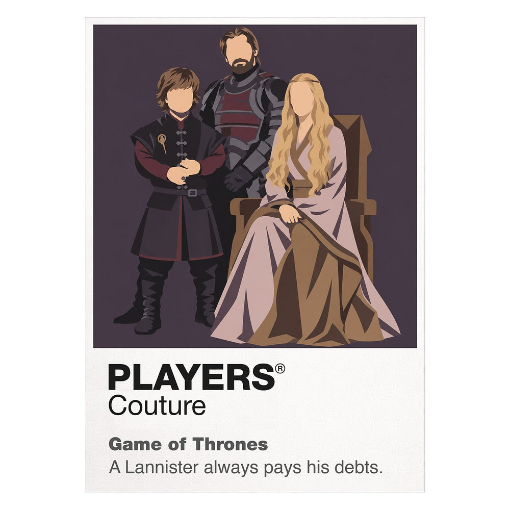 The Lannisters Cersei, Jaime and Tyrion Lannister beneath the lion banner of Casterly Rock Icon Frame artwork on white
