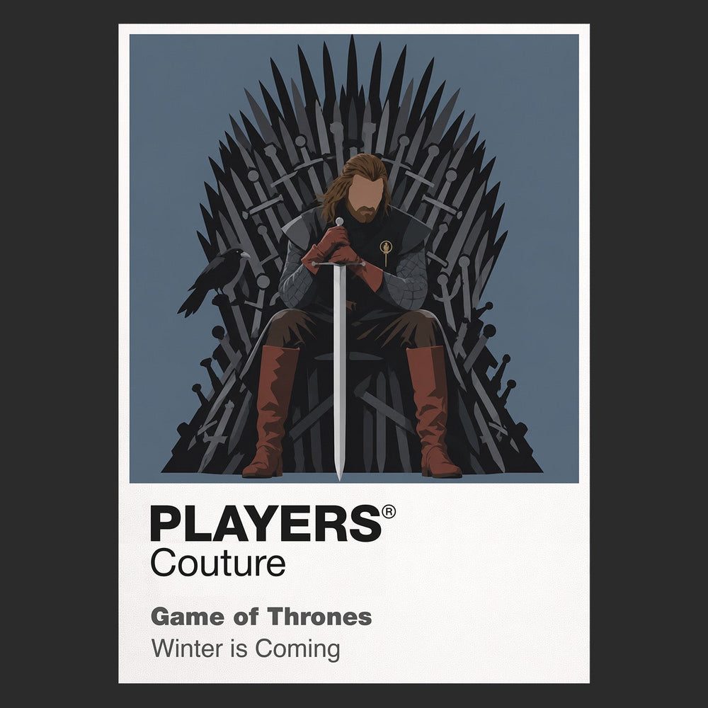 Ned Stark Ned Stark with Ice beneath the grey direwolf banner of Winterfell Icon Frame artwork in black