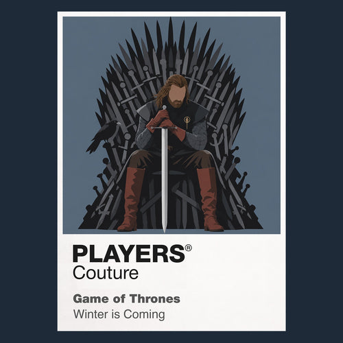 Ned Stark Ned Stark with Ice beneath the grey direwolf banner of Winterfell Icon Frame artwork in navy