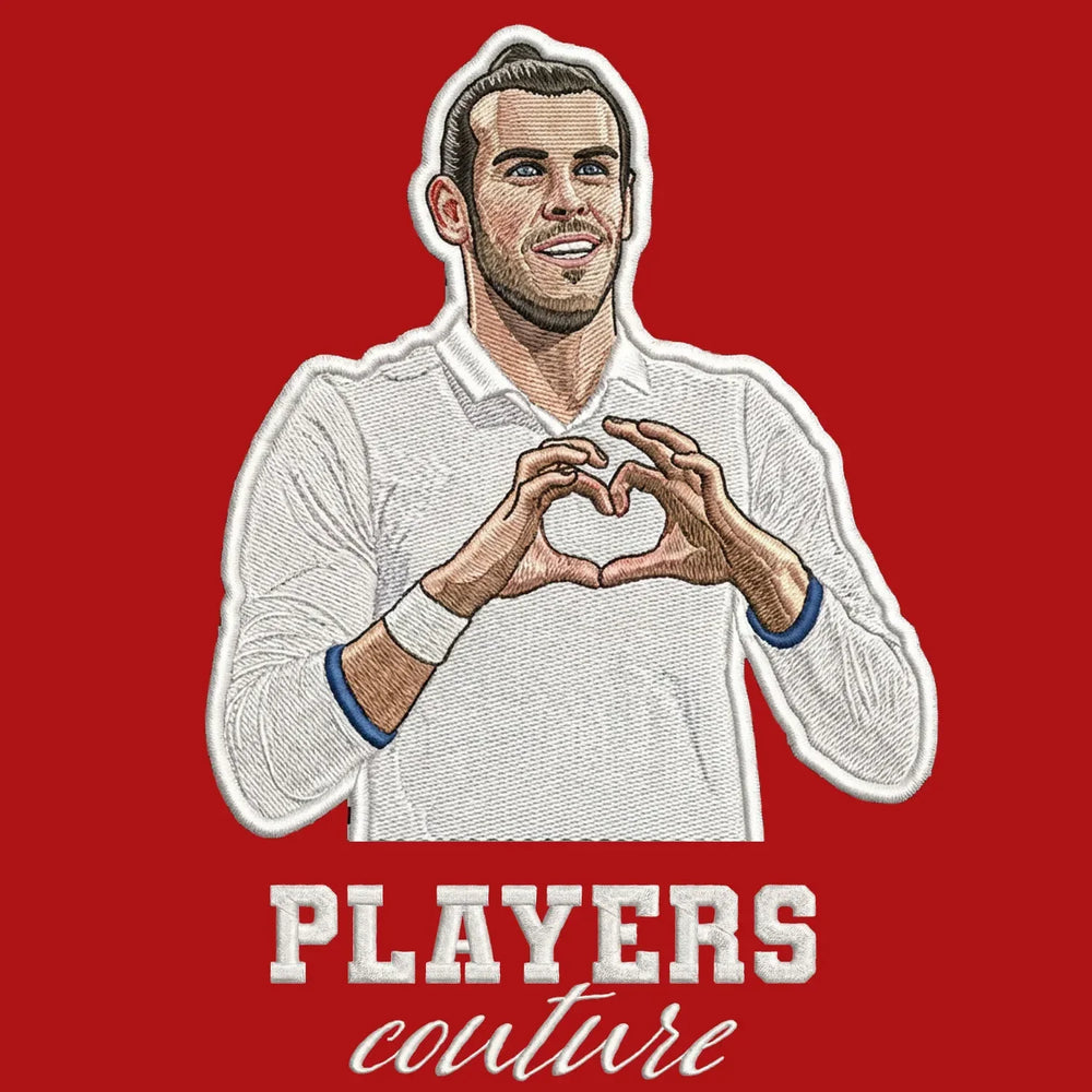 Gareth Bale Badge Men's T-Shirt – red close-up detail shot of the Gareth Bale Players Couture logo design
