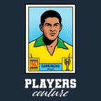 Garrincha World Cup Sticker Men's T-Shirt – navy close-up detail shot of the Garrincha World Cup Players Couture logo design