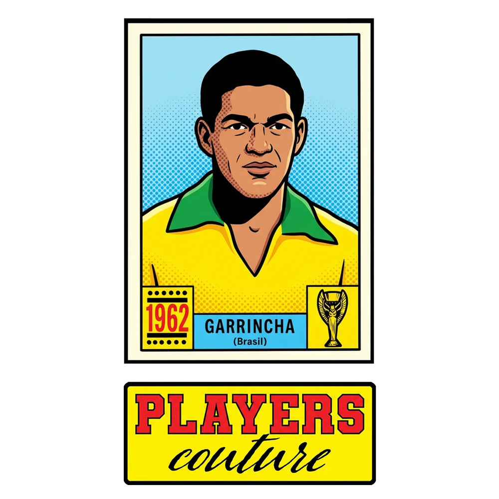 Garrincha World Cup Sticker Men's T-Shirt – close-up detail shot of the Garrincha World Cup Players Couture logo design