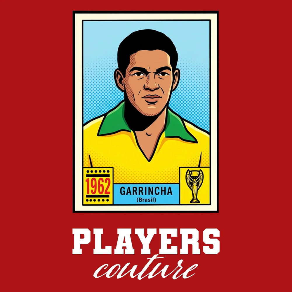 Garrincha World Cup Sticker Men's T-Shirt – red close-up detail shot of the Garrincha World Cup Players Couture logo design