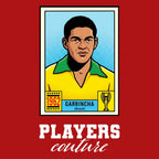 Garrincha World Cup Sticker Men's T-Shirt – red close-up detail shot of the Garrincha World Cup Players Couture logo design
