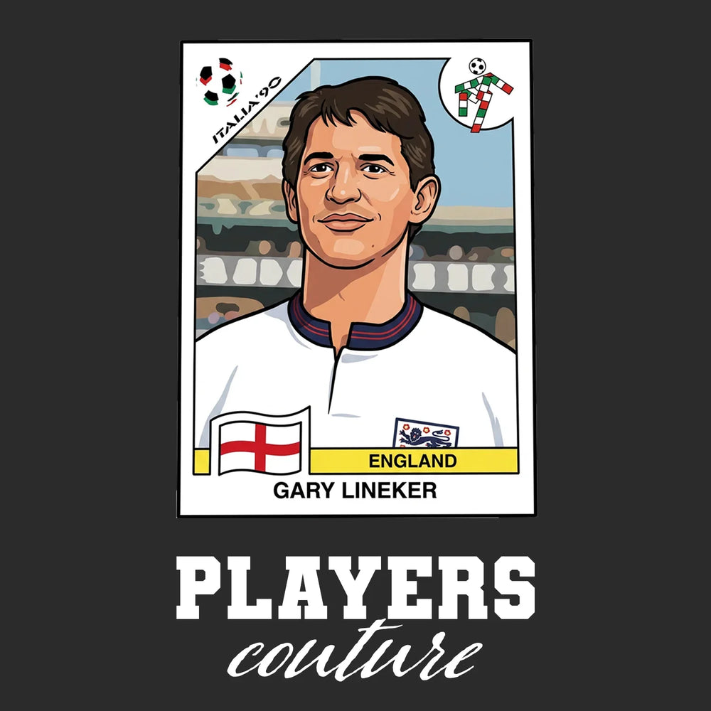 Gary Lineker World Cup Sticker Men's T-Shirt – black close-up detail shot of the Gary Lineker World Cup Players Couture logo