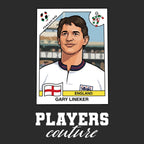 Gary Lineker World Cup Sticker Men's T-Shirt – black close-up detail shot of the Gary Lineker World Cup Players Couture logo