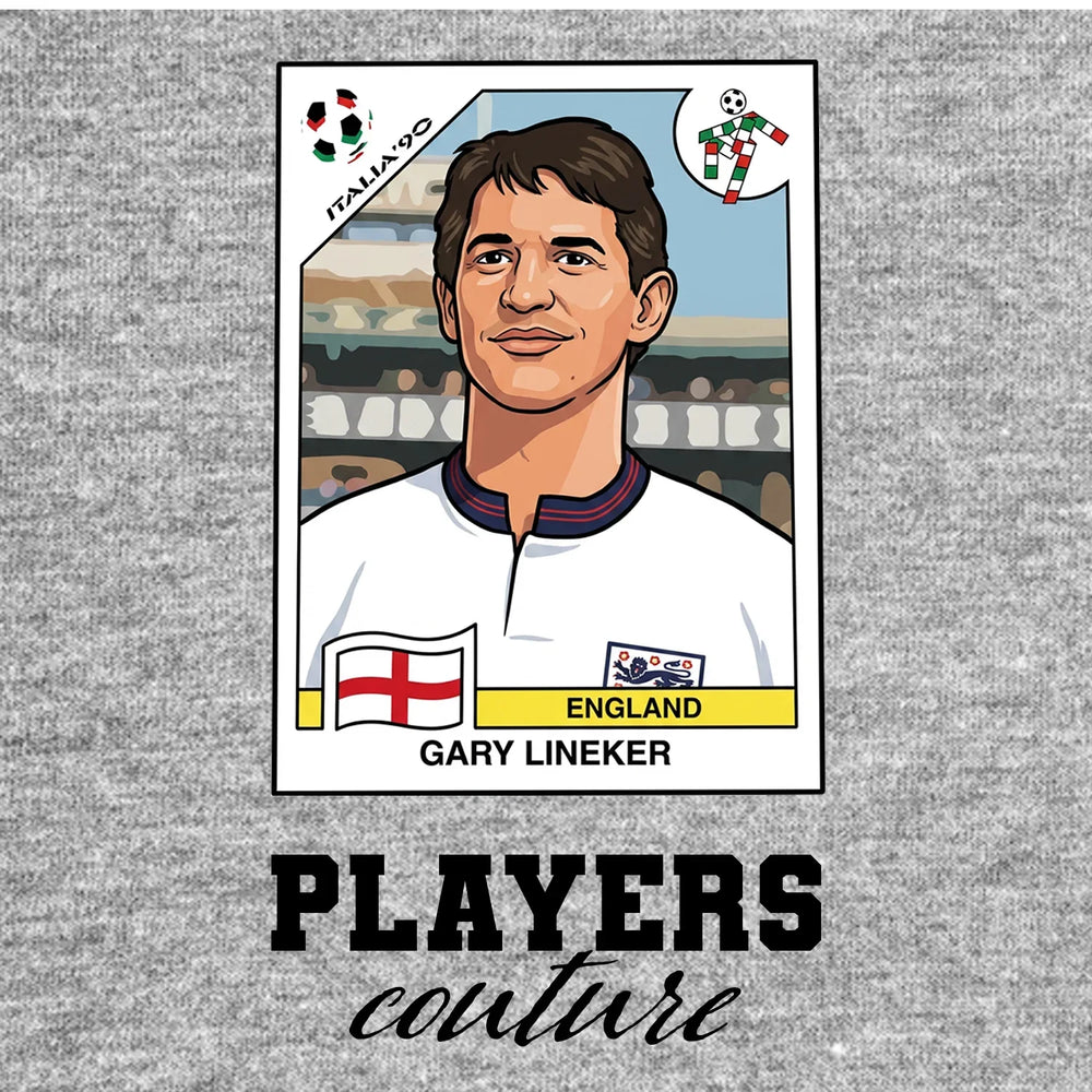Gary Lineker World Cup Sticker Men's T-Shirt – grey close-up detail shot of the Gary Lineker World Cup Players Couture logo