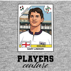 Gary Lineker World Cup Sticker Men's T-Shirt – grey close-up detail shot of the Gary Lineker World Cup Players Couture logo