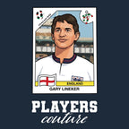Gary Lineker World Cup Sticker Men's T-Shirt – navy close-up detail shot of the Gary Lineker World Cup Players Couture logo