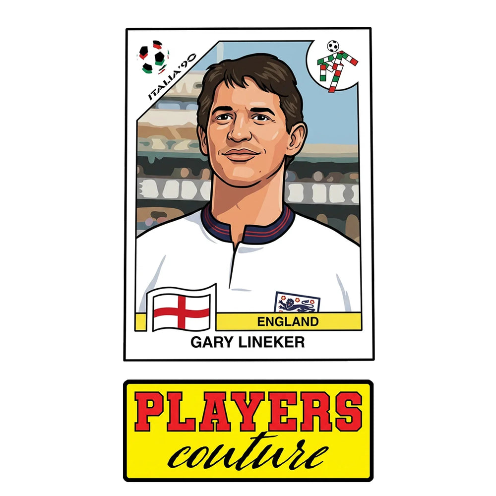 Gary Lineker World Cup Sticker Men's T-Shirt – close-up detail shot of the Gary Lineker World Cup Players Couture logo design