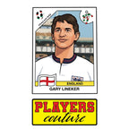 Gary Lineker World Cup Sticker Men's T-Shirt – close-up detail shot of the Gary Lineker World Cup Players Couture logo design