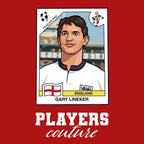 Gary Lineker World Cup Sticker Men's T-Shirt – red close-up detail shot of the Gary Lineker World Cup Players Couture logo
