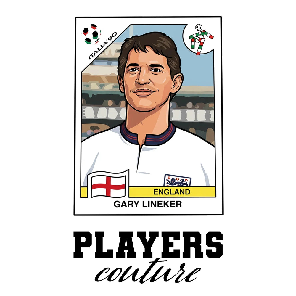 Gary Lineker World Cup Sticker Men's T-Shirt – white close-up detail shot of the Gary Lineker Players Couture logo design