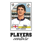 Gary Lineker World Cup Sticker Men's T-Shirt – white close-up detail shot of the Gary Lineker Players Couture logo design
