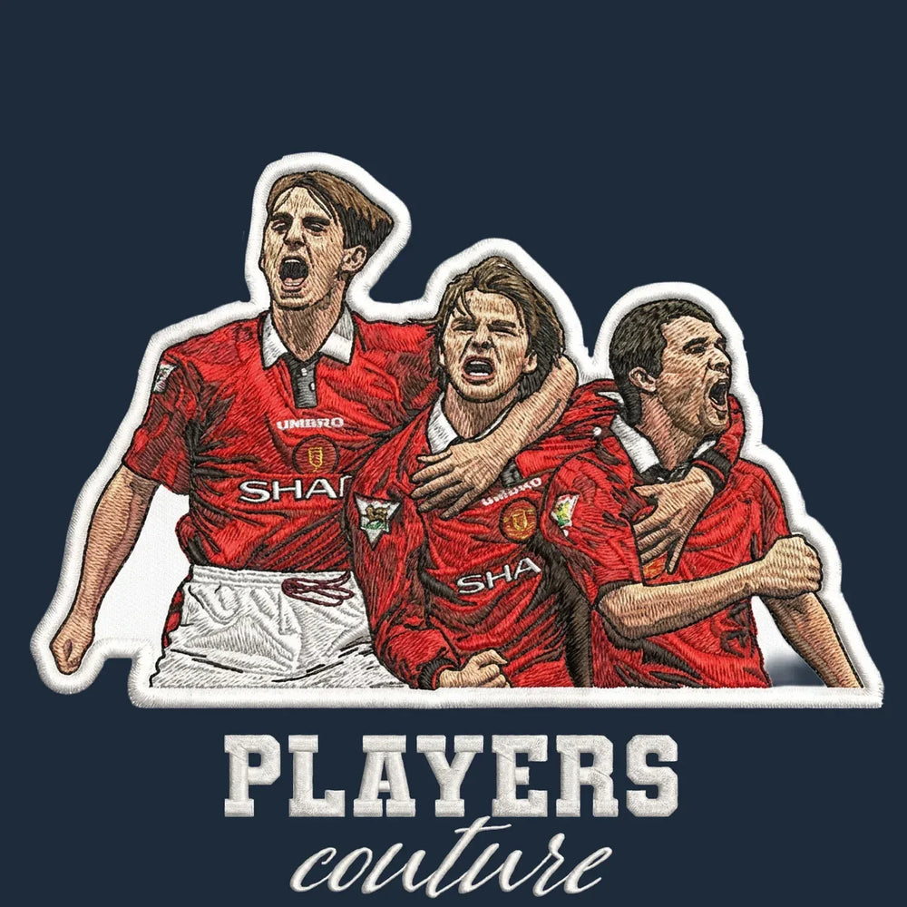 Gary Neville & Co Badge Men's T-Shirt – navy close-up detail shot of the Gary Neville & Co Players Couture logo design