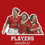 Gary Neville & Co Badge Men's T-Shirt – red close-up detail shot of the Gary Neville & Co Players Couture logo design