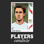 Gary Neville World Cup Sticker Men's T-Shirt – black close-up detail shot of the Gary Neville World Cup Players Couture logo