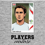 Gary Neville World Cup Sticker Men's T-Shirt – grey close-up detail shot of the Gary Neville World Cup Players Couture logo