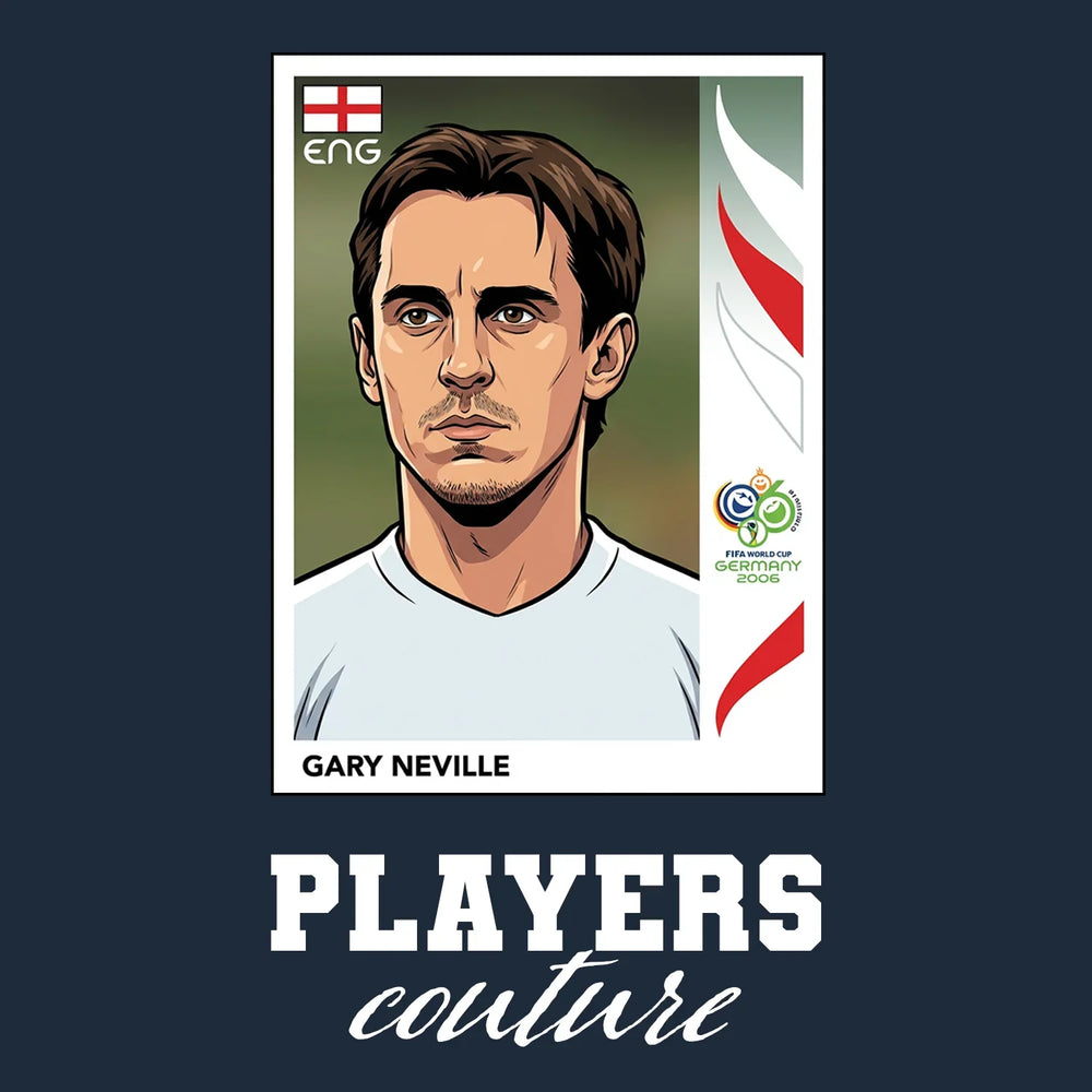 Gary Neville World Cup Sticker Men's T-Shirt – navy close-up detail shot of the Gary Neville World Cup Players Couture logo