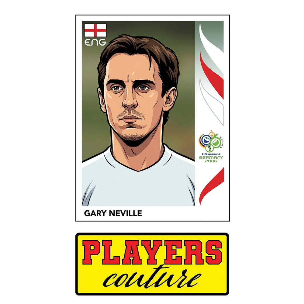 Gary Neville World Cup Sticker Men's T-Shirt – close-up detail shot of the Gary Neville World Cup Players Couture logo design