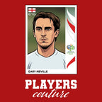 Gary Neville World Cup Sticker Men's T-Shirt – red close-up detail shot of the Gary Neville World Cup Players Couture logo