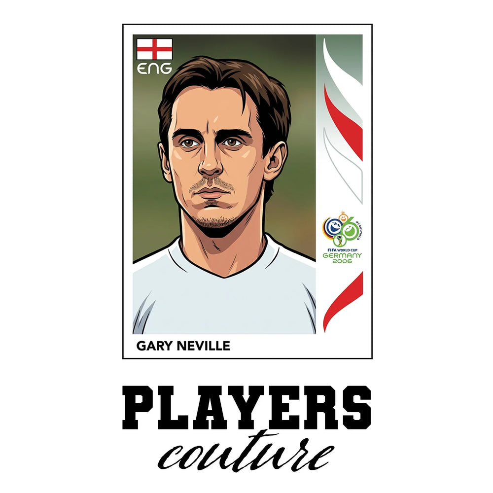 Gary Neville World Cup Sticker Men's T-Shirt – white close-up detail shot of the Gary Neville Players Couture logo design