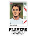 Gary Neville World Cup Sticker Men's T-Shirt – white close-up detail shot of the Gary Neville Players Couture logo design