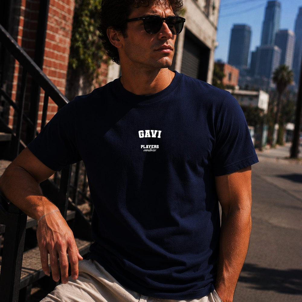 Gavi Men's T-Shirt — lifestyle photo, Navy t-shirt