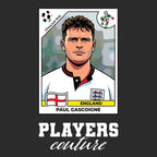 Paul Gascoigne World Cup Sticker Men's T-Shirt – black close-up detail shot of the Paul Gascoigne World Cup Players Couture