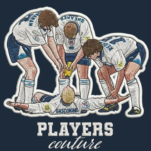 Gazza Dentist Chair Badge Men's Hoodie – close-up detail shot of the Paul Gascoigne Players Couture logo design