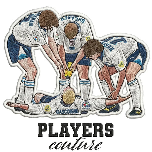 Gazza Dentist Chair Badge Men's T-Shirt – white close-up detail shot of the Paul Gascoigne Players Couture logo design