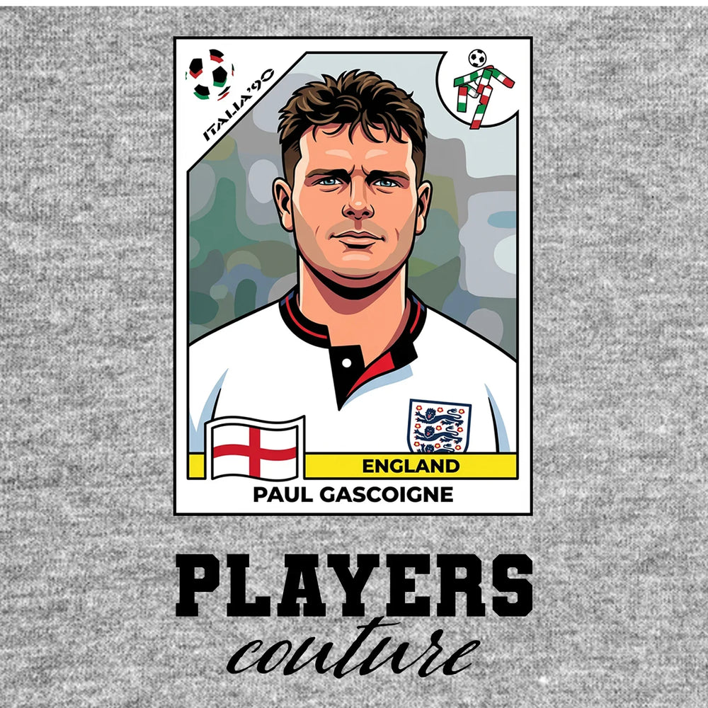 Paul Gascoigne World Cup Sticker Men's T-Shirt – grey close-up detail shot of the Paul Gascoigne World Cup Players Couture
