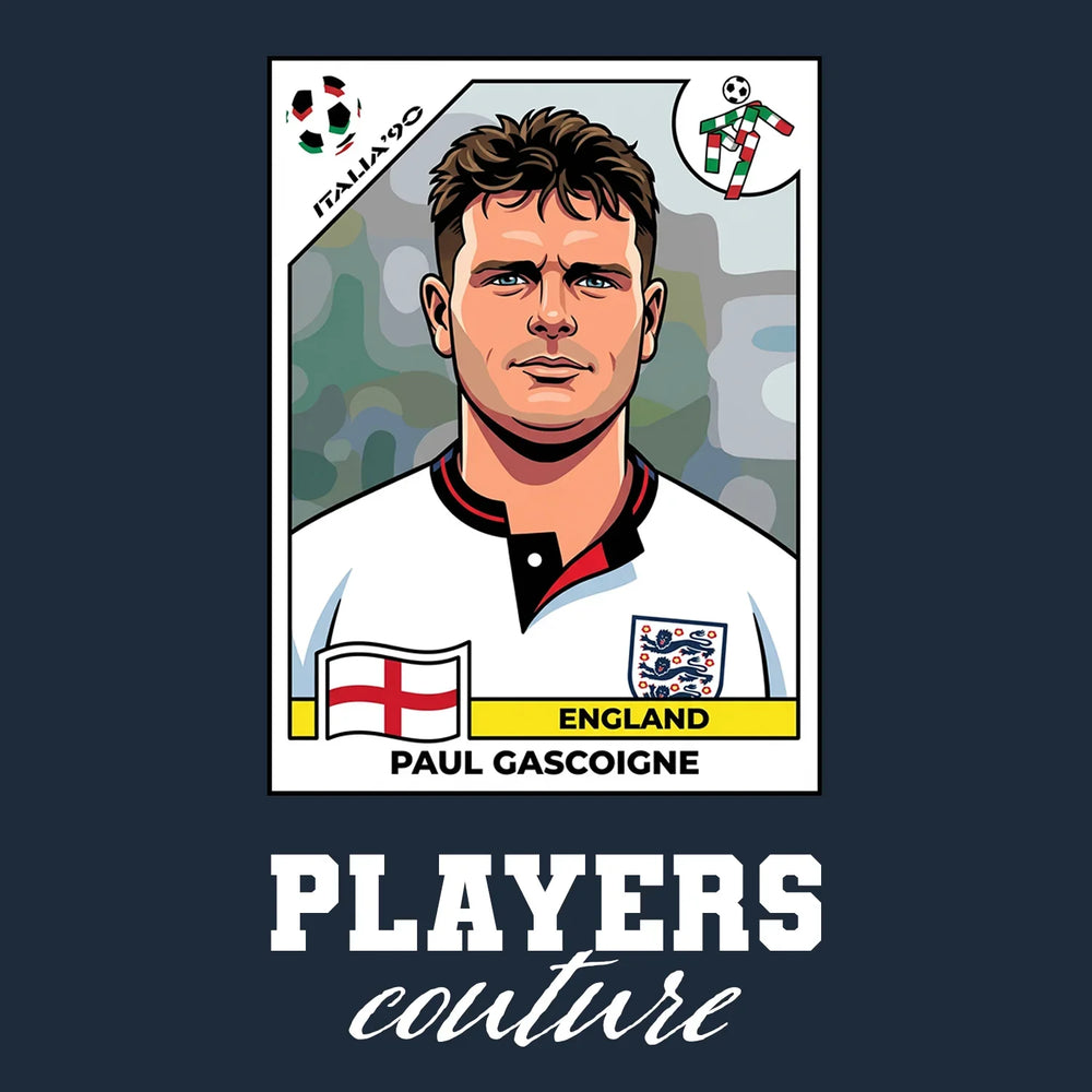Paul Gascoigne World Cup Sticker Men's T-Shirt – navy close-up detail shot of the Paul Gascoigne World Cup Players Couture