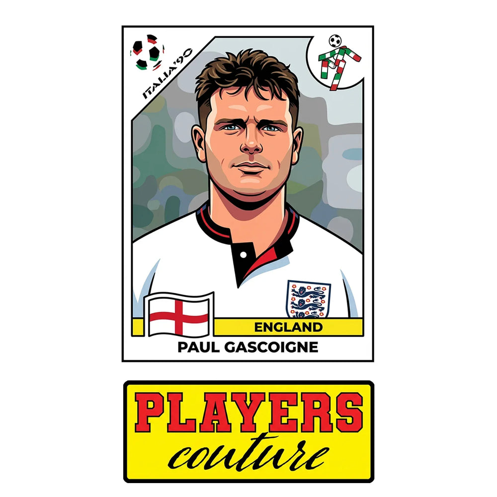 Paul Gascoigne World Cup Sticker Men's T-Shirt – close-up detail shot of the Paul Gascoigne World Cup Players Couture logo