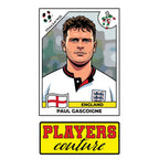 Paul Gascoigne World Cup Sticker Men's T-Shirt – close-up detail shot of the Paul Gascoigne World Cup Players Couture logo