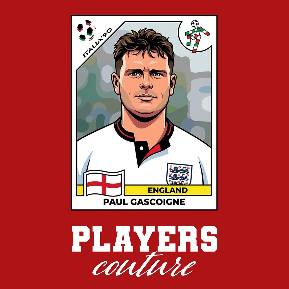 Paul Gascoigne World Cup Sticker Men's T-Shirt – red close-up detail shot of the Paul Gascoigne World Cup Players Couture