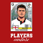 Paul Gascoigne World Cup Sticker Men's T-Shirt – red close-up detail shot of the Paul Gascoigne World Cup Players Couture